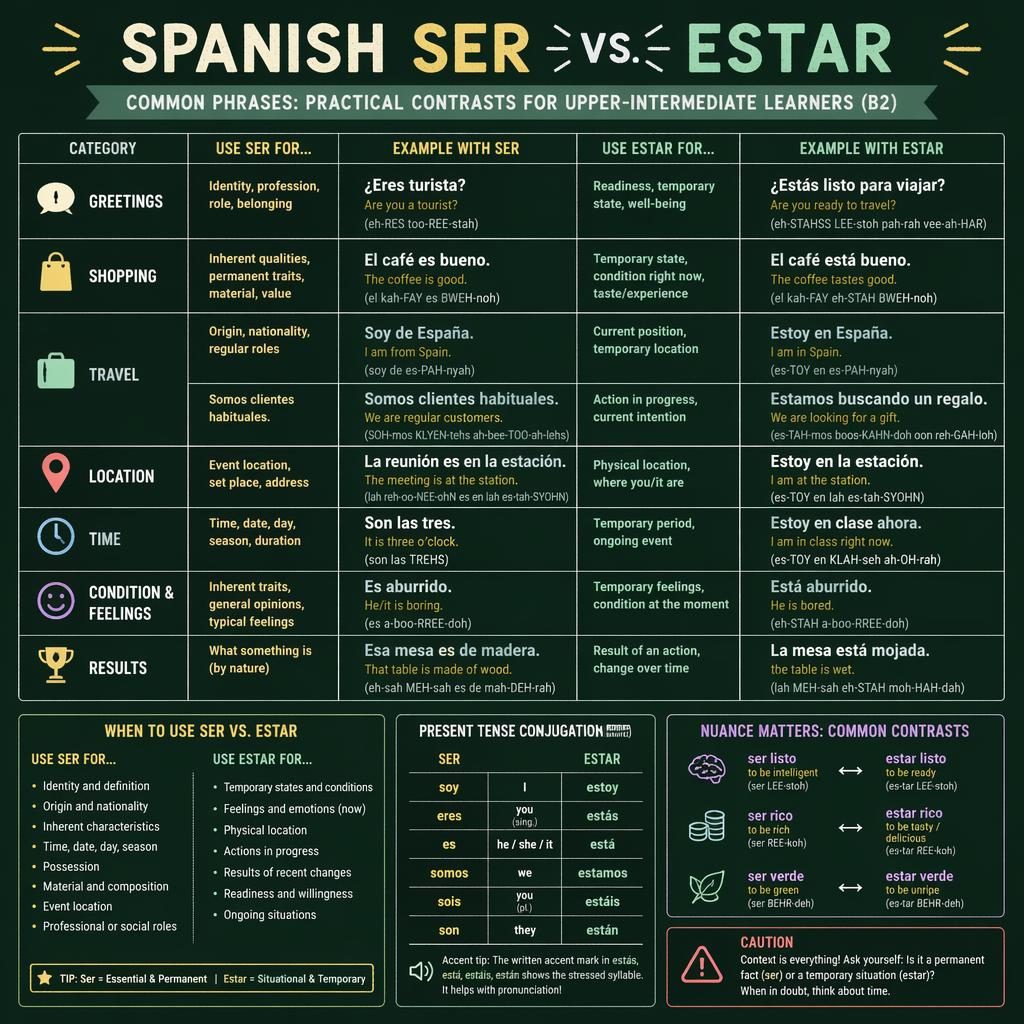 Infographie éducative en grille sur fond ardoise comparant ser et estar avec exemples, règles et mini-conjugaison.