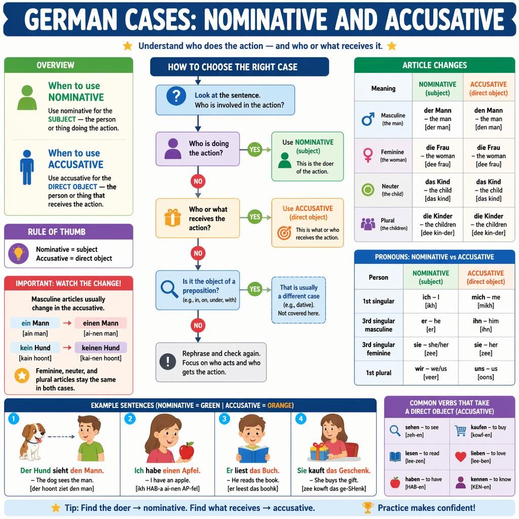Colorful educational poster with a central flowchart explaining German nominative and accusative cases, tables, pronouns, and examples.