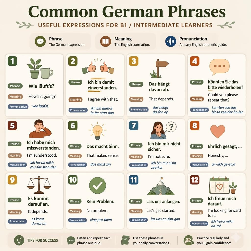 Educational infographic poster with a 12-card grid of common German phrases, English meanings, pronunciation hints, and numbered cells.