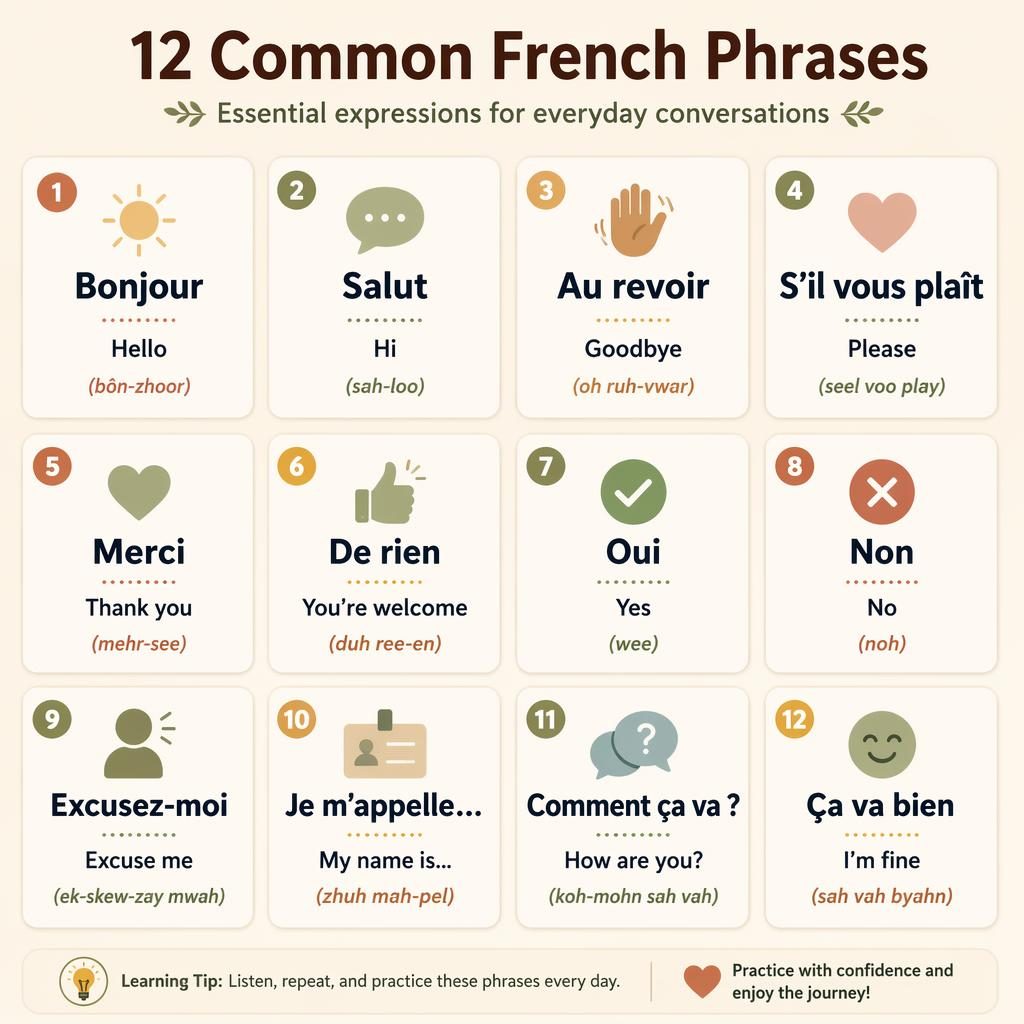 Modern flashcard infographic with 12 numbered cards showing beginner French phrases, English meanings, and phonetic hints.