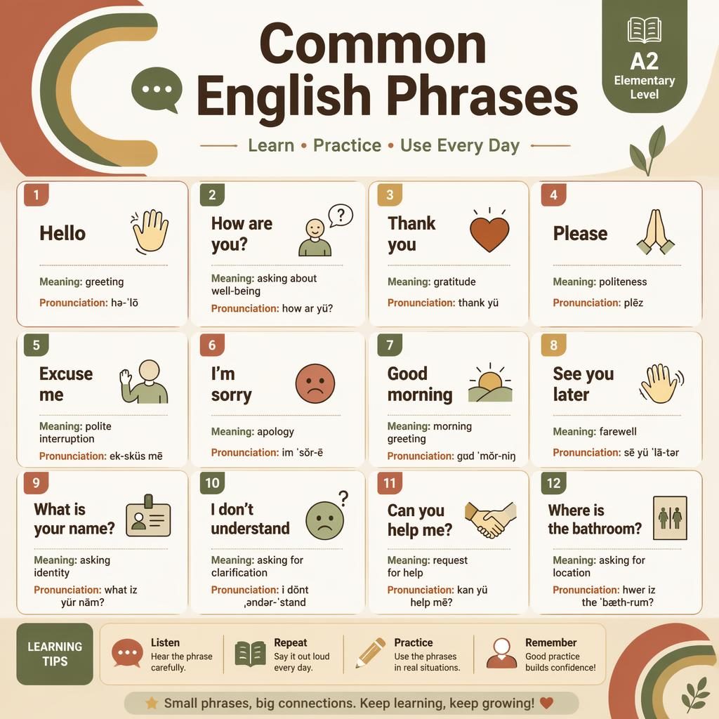 Infographie style flashcards en grille avec phrases anglaises courantes, cartes numérotées et palette terre chaude.