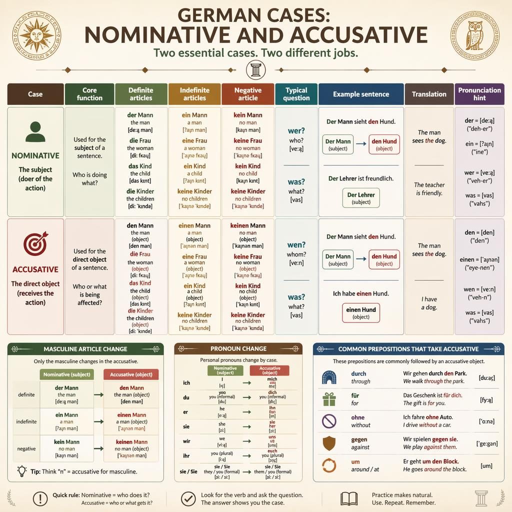 Educational infographic showing a clean comparison grid for German nominative and accusative with examples and mini-cards.