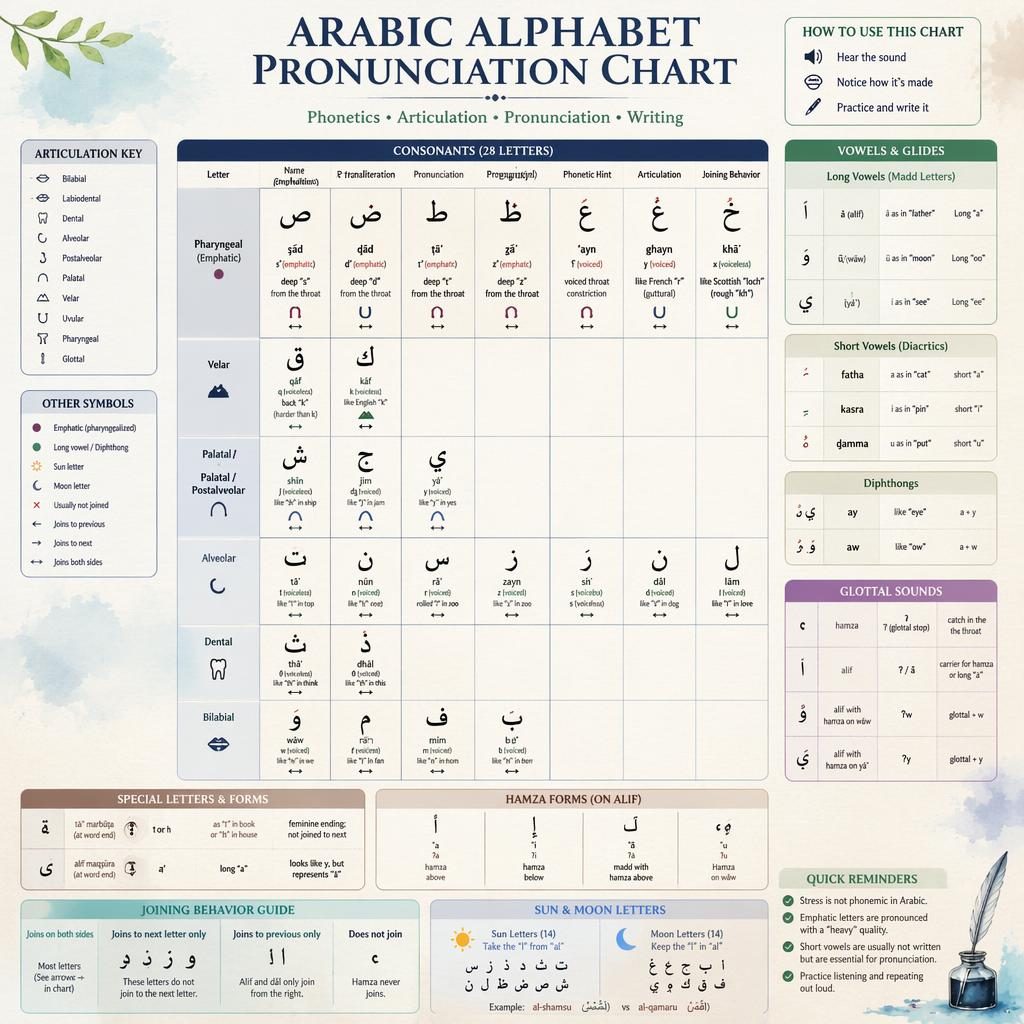Educational watercolor-style infographic poster with a structured pronunciation chart for the Arabic alphabet in English.