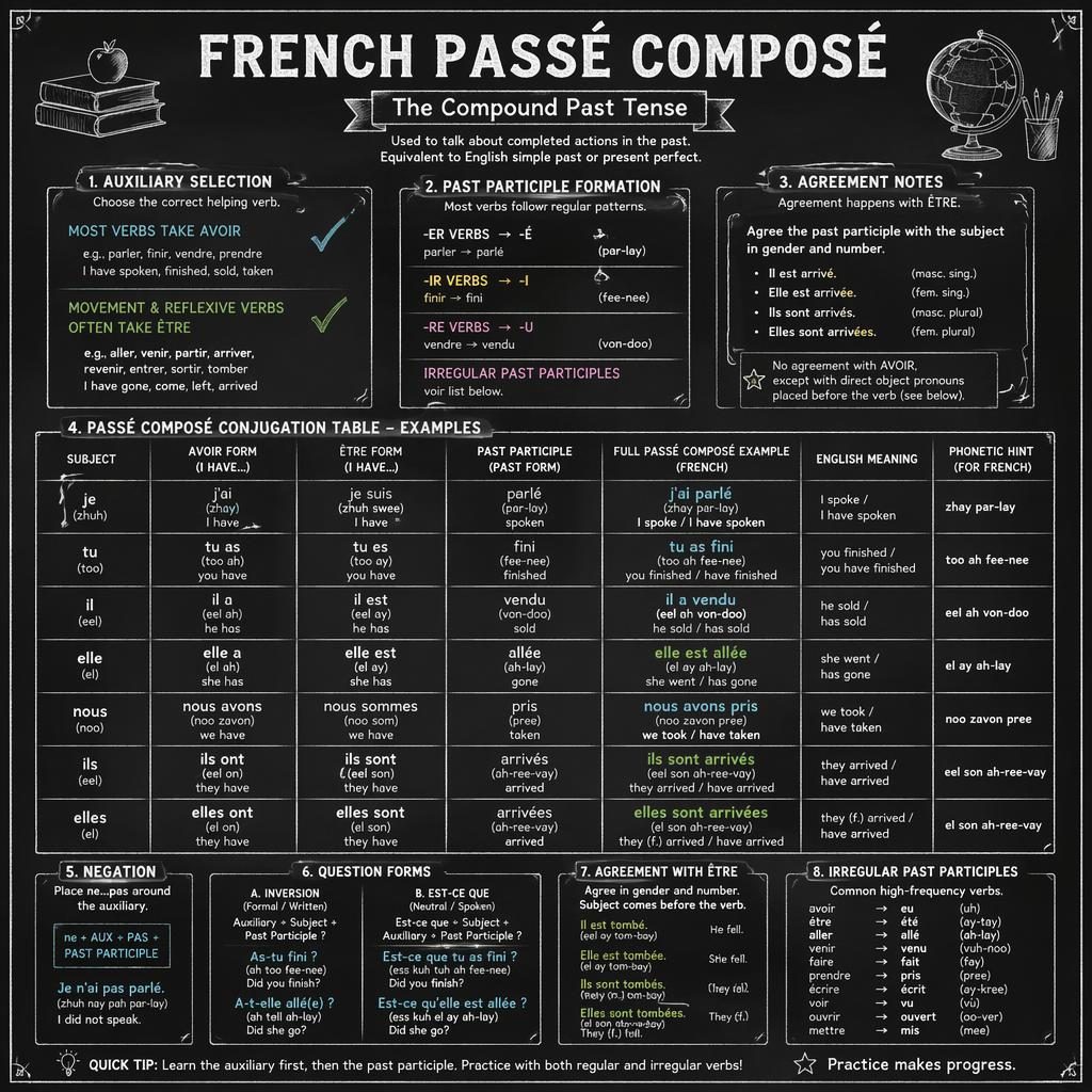 Vintage chalkboard-style French Passé Composé infographic with conjugation table, rules panel, and English notes.