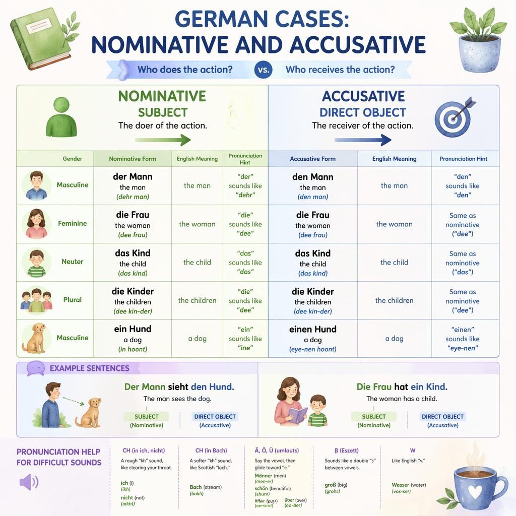 Pastel educational poster showing a two-column chart for German nominative and accusative with examples and icons.
