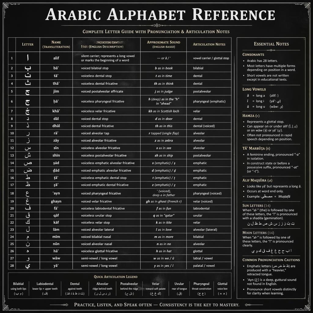 Vintage chalkboard Arabic alphabet reference poster with grid, transliterated names, pronunciation notes, and side panel.