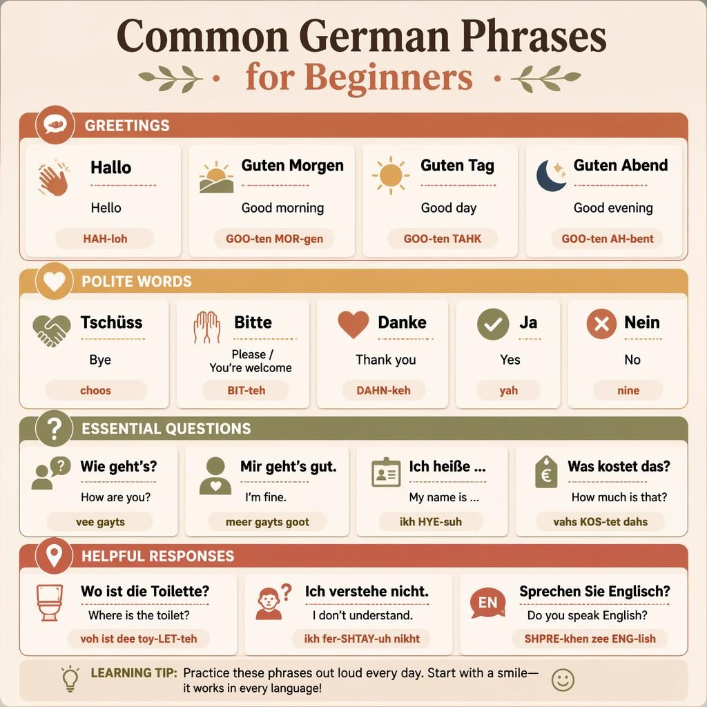 Warm-toned infographic grid of beginner German phrases with English translations and phonetic hints in rounded flashcard panels.