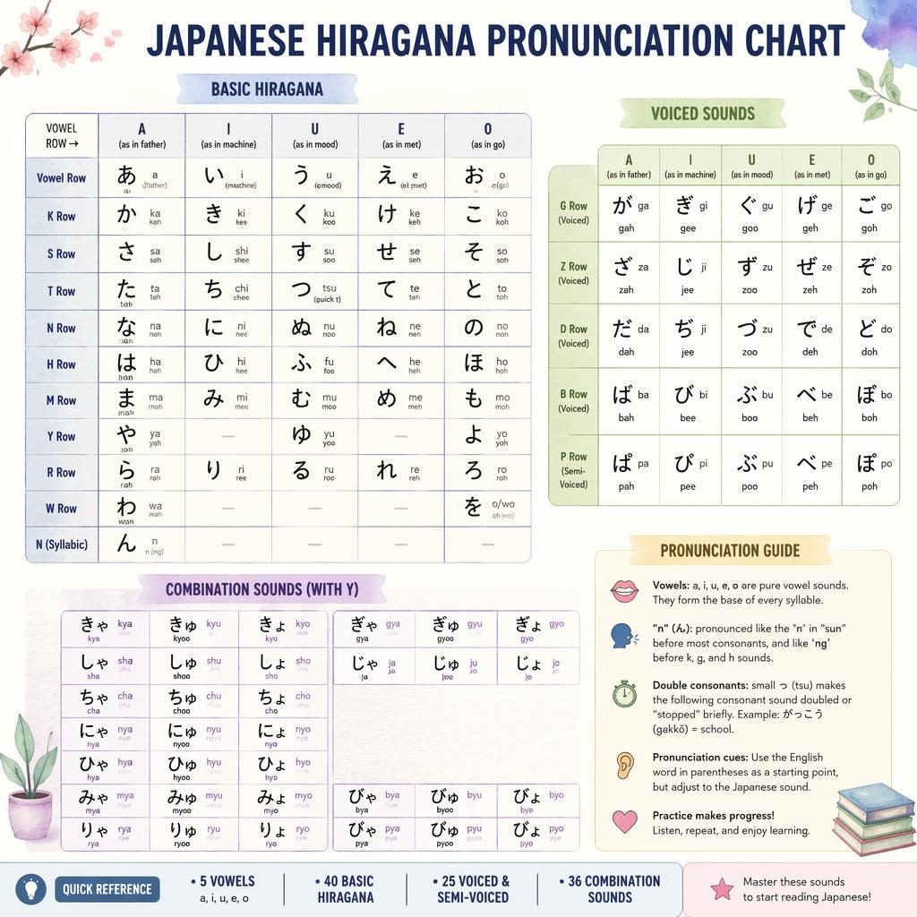 Pastel watercolor infographic poster showing a Japanese Hiragana Pronunciation Chart with basic, voiced, and combination grids.