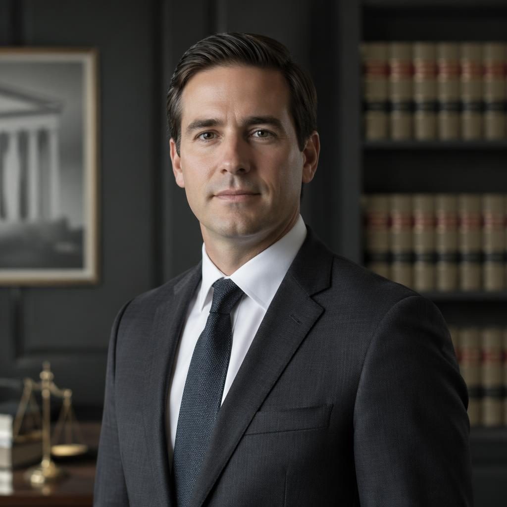 Professional headshot of a generic attorney in a tailored suit standing confidently in a refined gray office