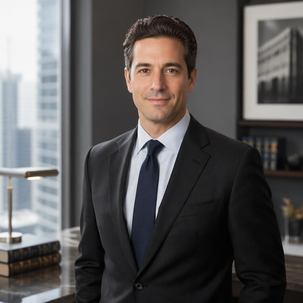 Professional attorney portrait in modern business attire, facing camera in a refined gray office setting.