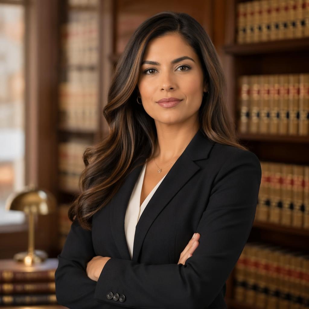 Confident diverse lawyer in a warm-toned law library with bookshelves, editorial brand portrait style
