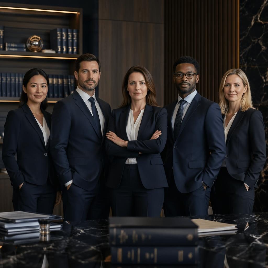 Équipe diverse d’avocats debout en portrait éditorial, tons bleu marine et bois chaud, ambiance cabinet fiscal précis.