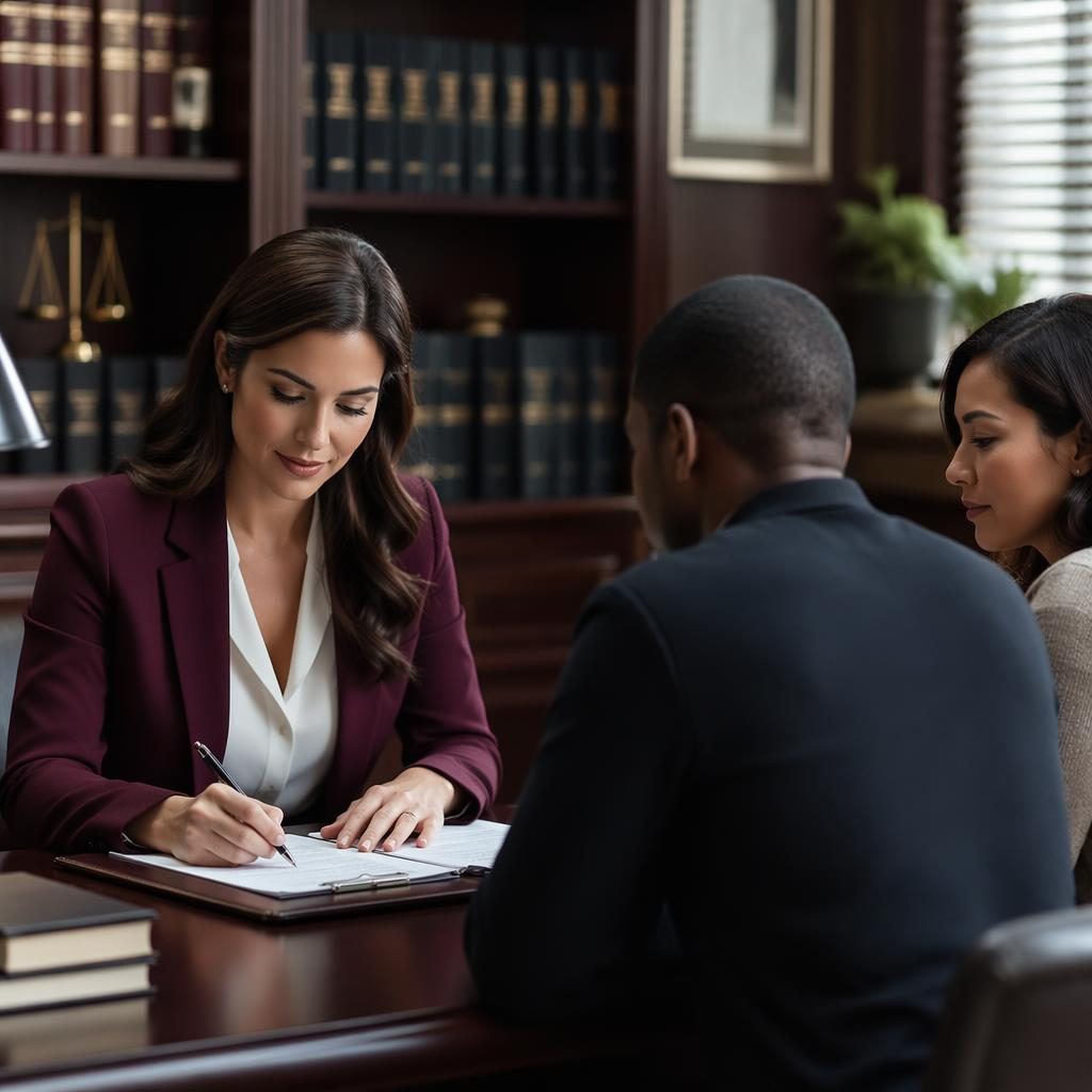 Avocats divers signant des documents dans un cabinet, ambiance empathique, palette bordeaux classique.
