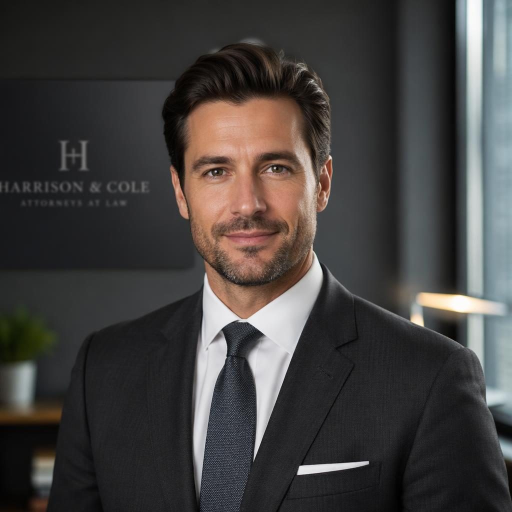 Confident lawyer in a tailored suit facing camera with clean posture, gray office backdrop, and refined studio lighting.