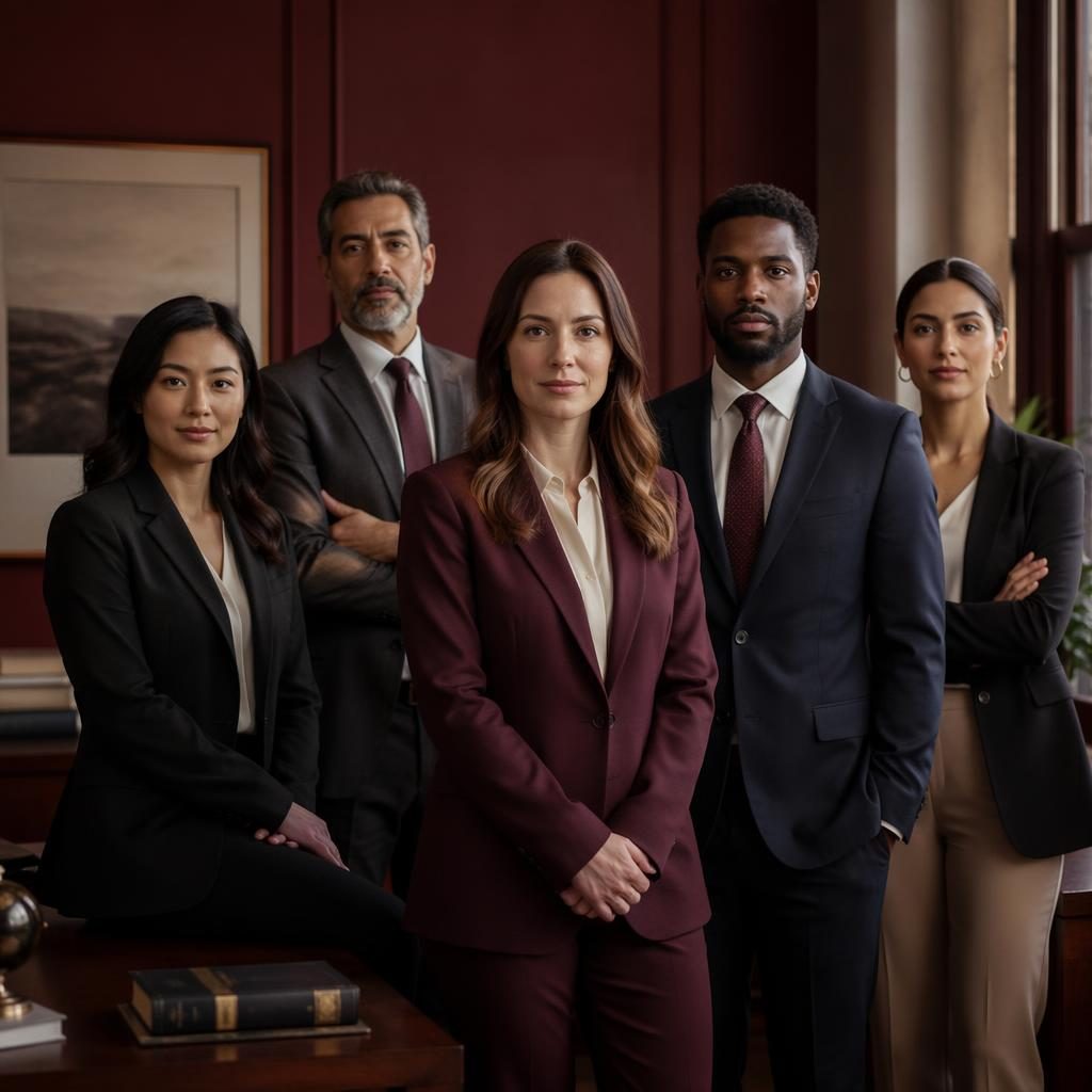 Diverse law firm team standing together in a burgundy-toned editorial office portrait with empathetic, professional styling.