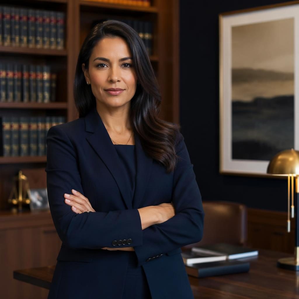 Professional attorney portrait in a corporate office with navy tones, warm wood details, and diverse inclusive styling.