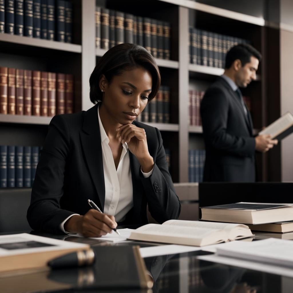 Bibliothèque juridique blanche avec livres de droit et modèles inclusifs, ambiance sérieuse de défense pénale