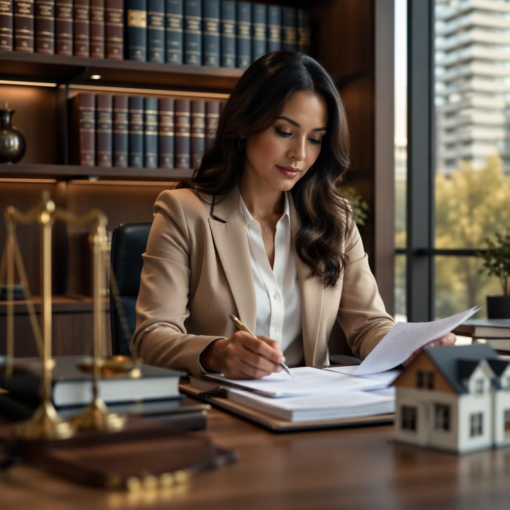 Abogado en escritorio con expedientes, estilo inmobiliario, paleta tierra cálida y ambiente editorial inclusivo.