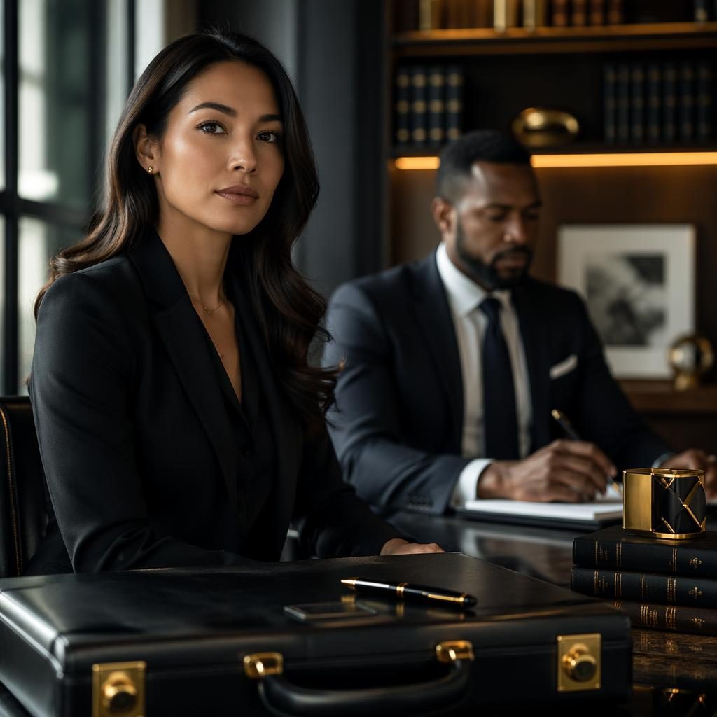 Close-up of a luxury black briefcase and gold pen on a desk in a premium law firm setting with editorial lighting.