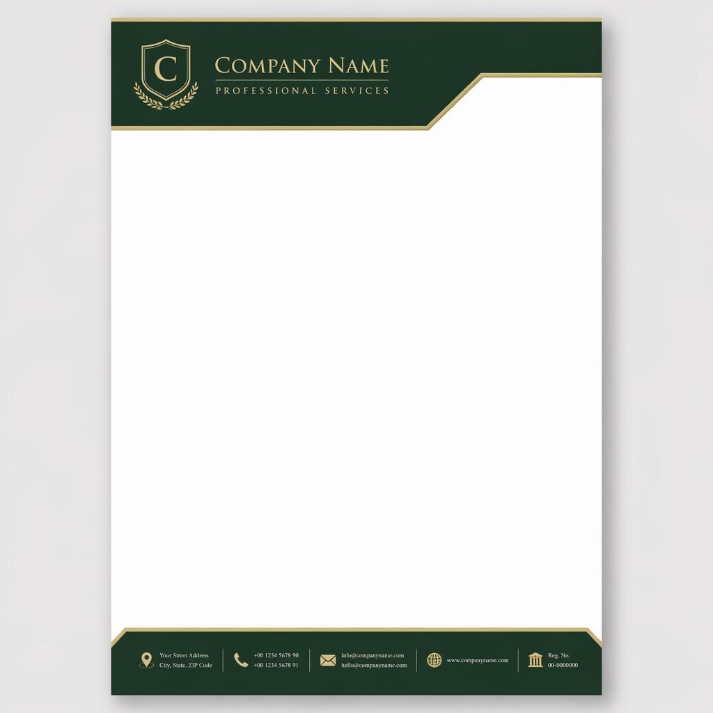 A4 portrait letterhead template with forest green header band, serif styling, placeholder logo, and footer contact strip