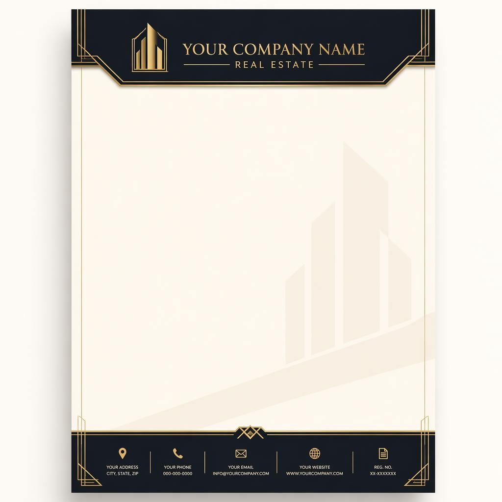 A4 portrait real estate letterhead template with art deco gold and cream header, footer strip, logo placeholder, and soft band.