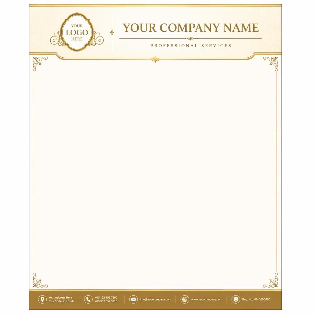 A4 portrait letterhead template with gold and cream engraved styling, header band, logo placeholder, and footer contact strip.