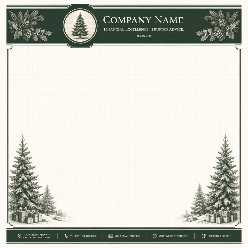 A4 portrait christmas letterhead stationery template in forest green with engraved header, footer details, and grid watermark.