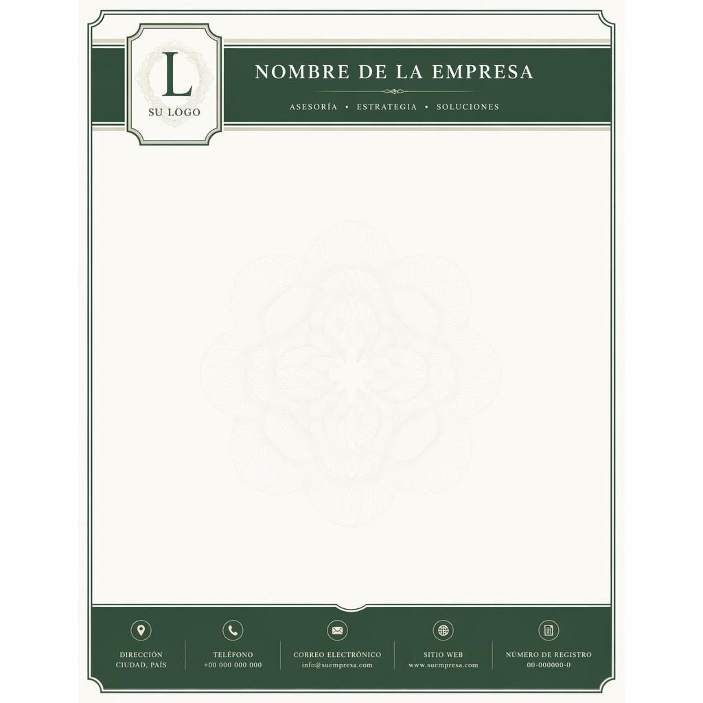 Plantilla de membrete documento legal A4 vertical en verde académico, con banda superior, pie informativo y patrón geométrico