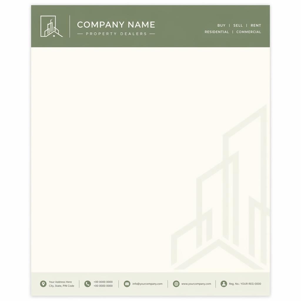 A4 portrait property dealer letterhead template with sage header, ivory body, footer strip, logo placeholder, and soft band