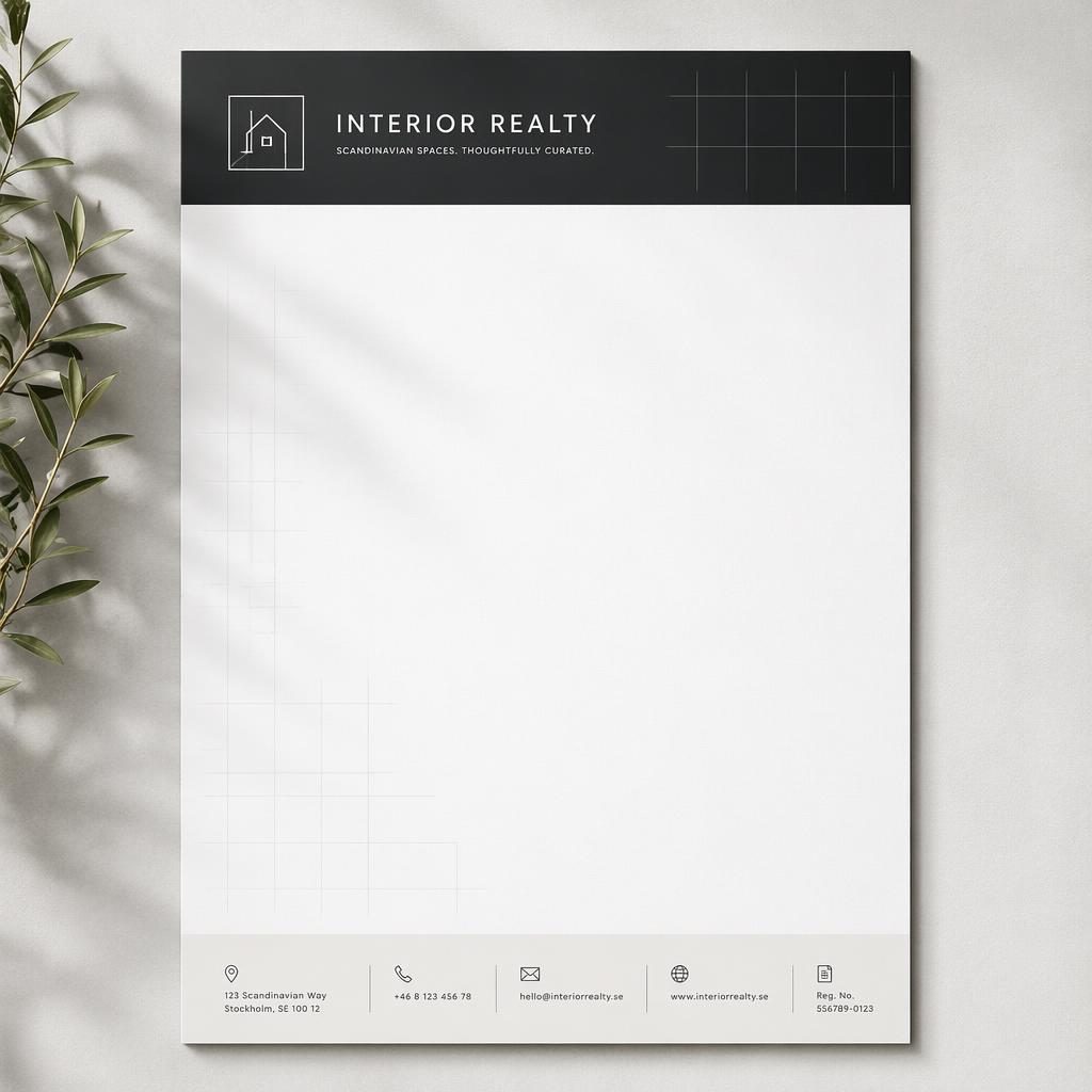 A4 briefpapier mockup met minimalistische kopbalk, placeholder logo, subtiel raster en voettekst met contactgegevens.