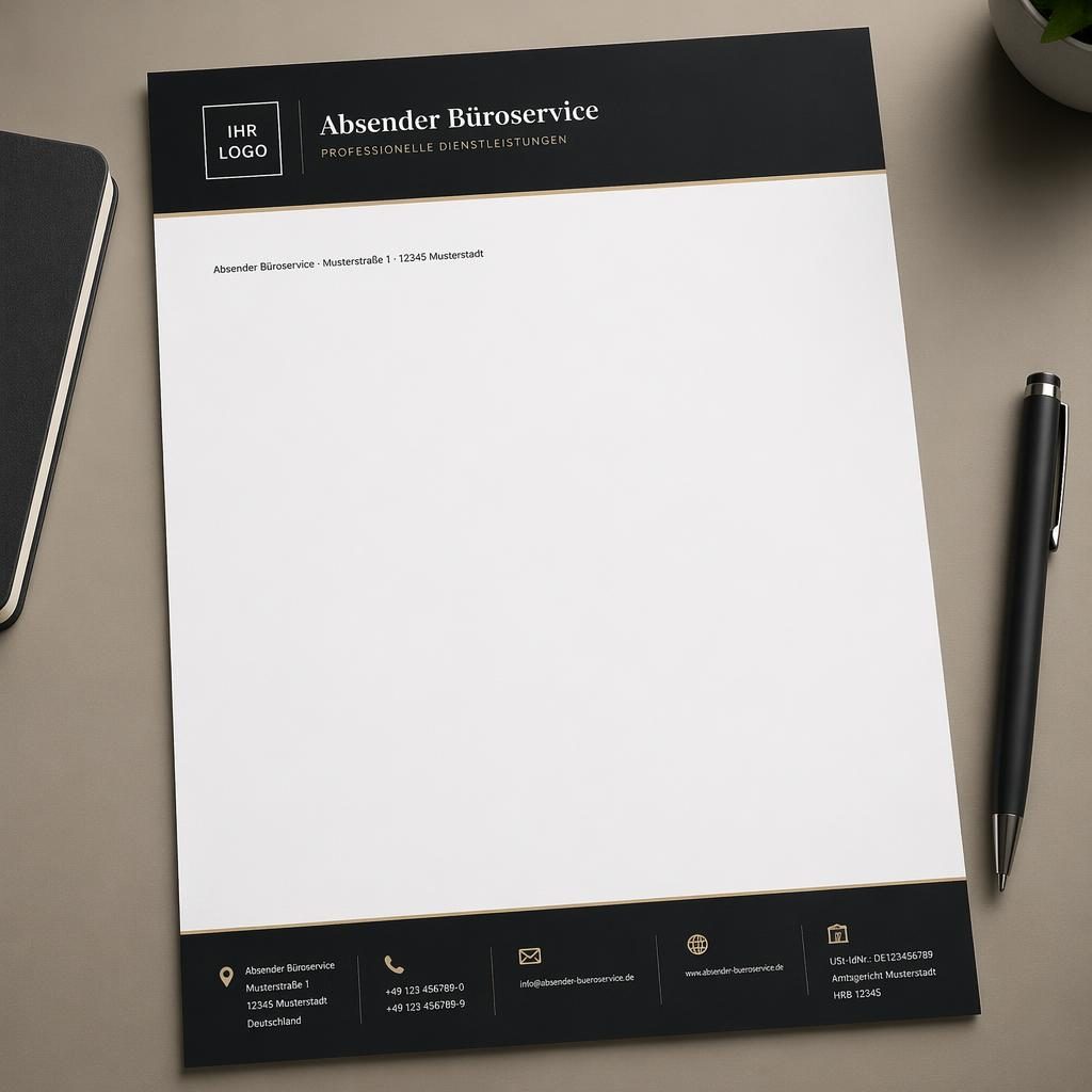 A4-Briefpapier mit schwarzem Kopfbereich, Platzhalter-Logo, Footer mit Kontaktdaten und großer Textfläche