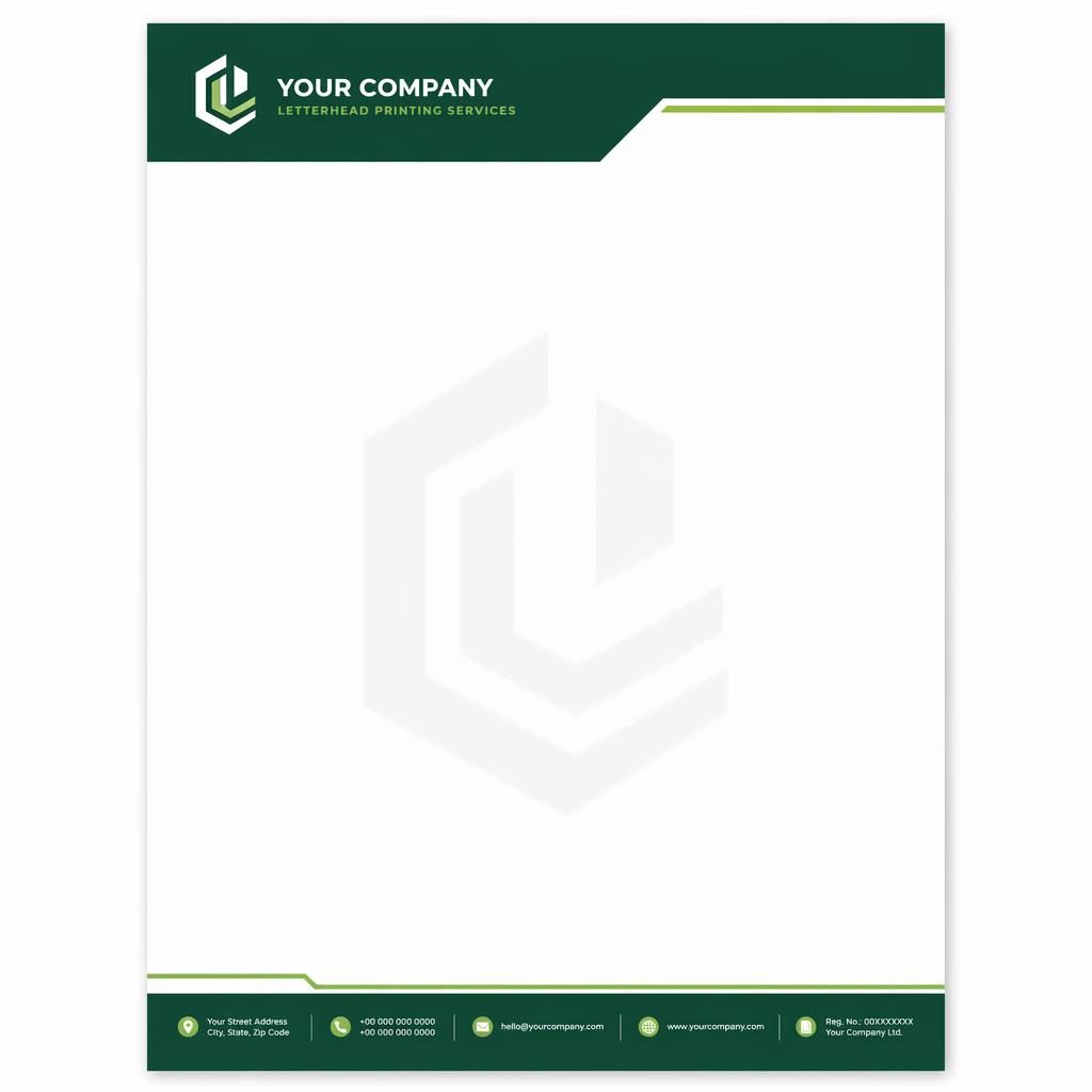 A4 portrait letterhead template with forest green header band, footer contact strip, logo placeholders, and subtle watermark.