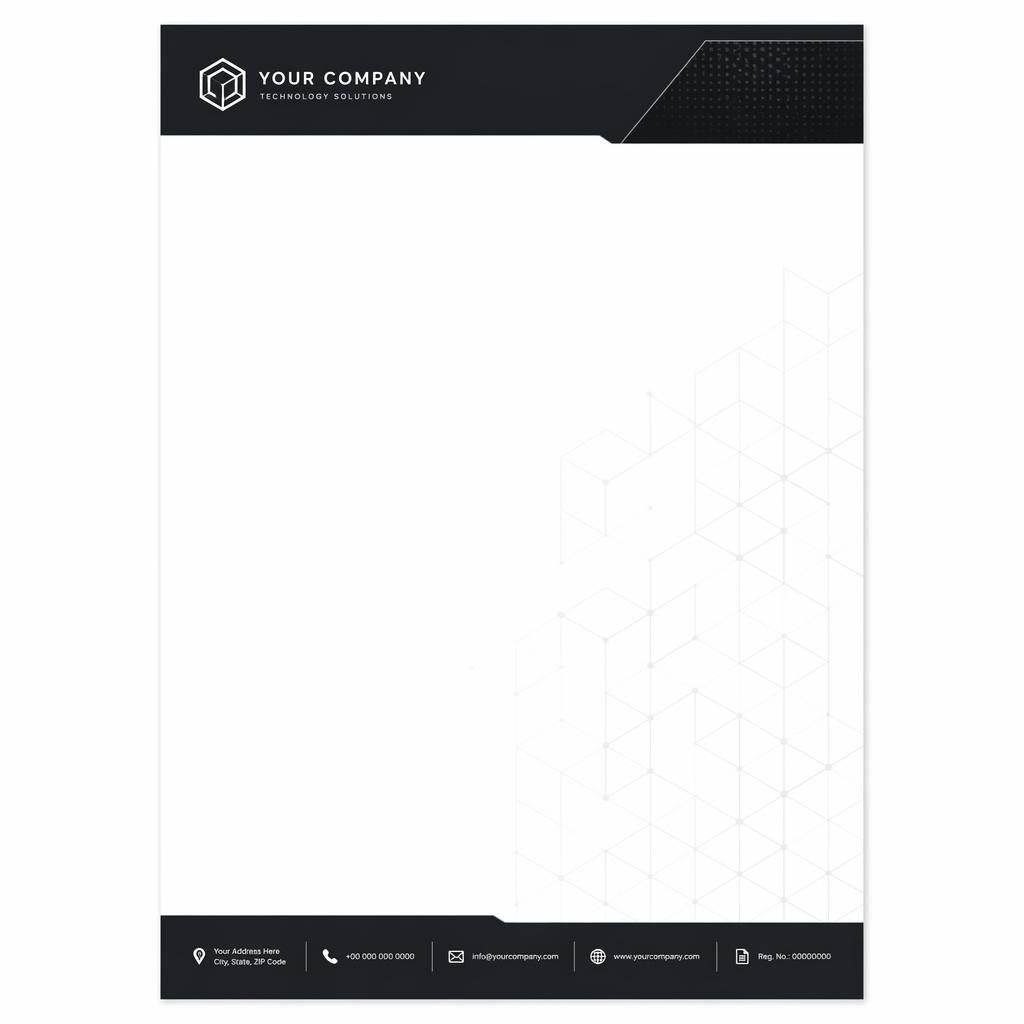 A4 šablona hlavickového papíru s horním pruhem, místem pro logo, patičkou a jemným geometrickým vzorem