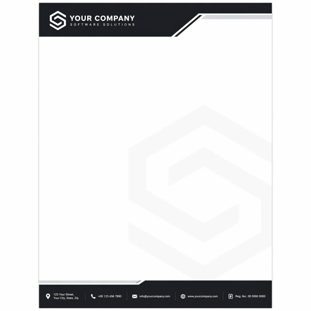 A4 portrait monochrome letterhead with header band, footer strip, subtle logo watermark, and wide body text area