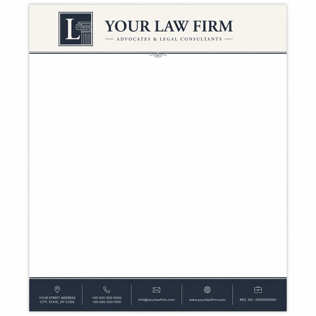 A4 portrait law firm letterhead template with engraved monochrome header band, placeholder logo, and elegant footer strip.