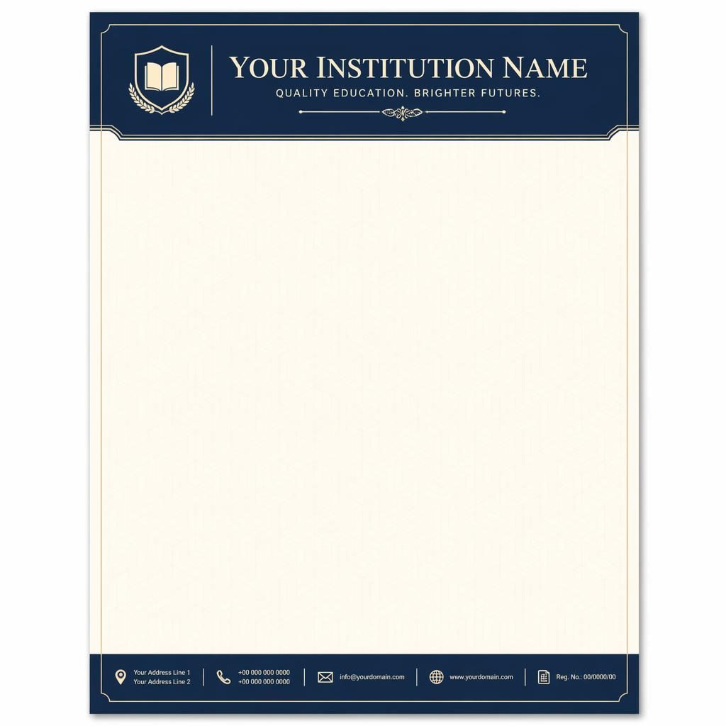 A4 portrait education letterhead template with navy and cream engraved style, header band, footer strip, and geometric watermark.