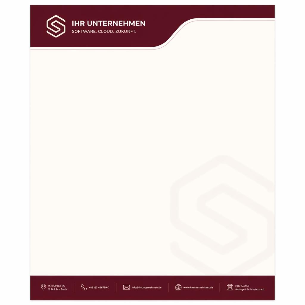 Moderne A4-Briefkopfvorlage in Bordeaux und Creme mit Kopfzeile, Logo-Platzhalter, Footer-Leiste und dezentem Wasserzeichen