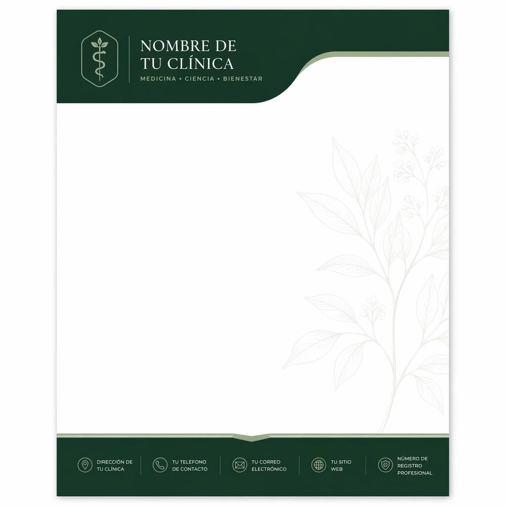 Plantilla de membrete médico A4 vertical con banda superior verde, pie informativo, logo de muestra y ilustración botánica