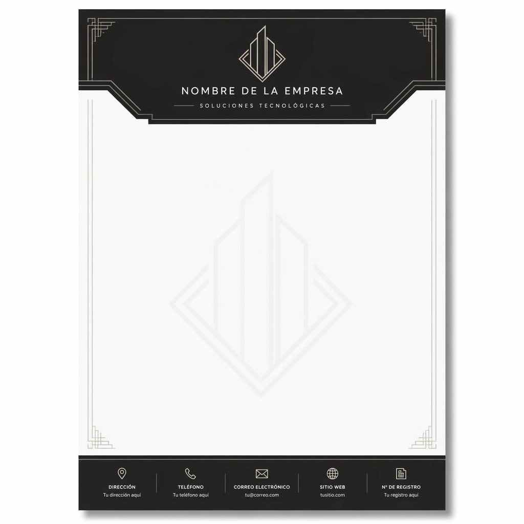 Plantilla de membrete A4 vertical monocroma con banda superior, pie informativo, logo de marcador y marca de agua sutil.