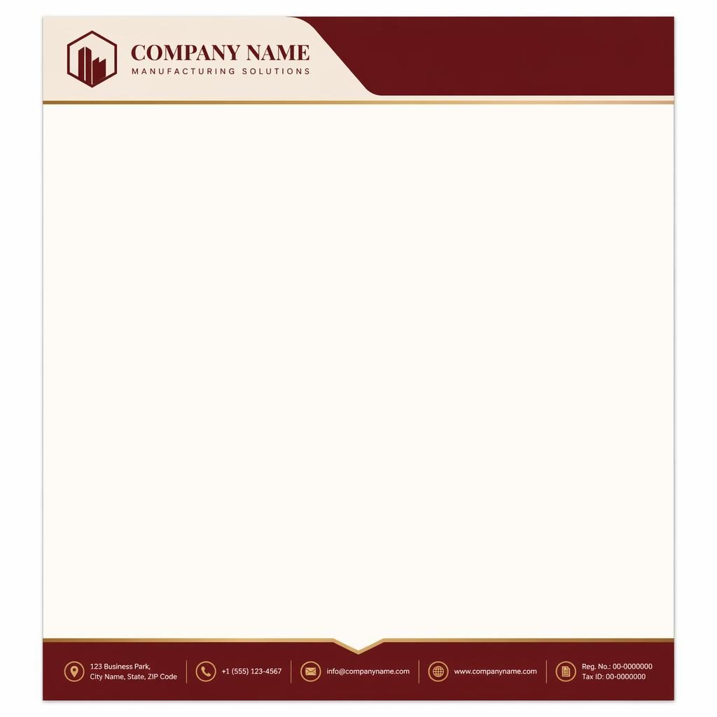 A4 portrait letterhead template in burgundy and cream with header band, footer strip, logo placeholder, and wide body area