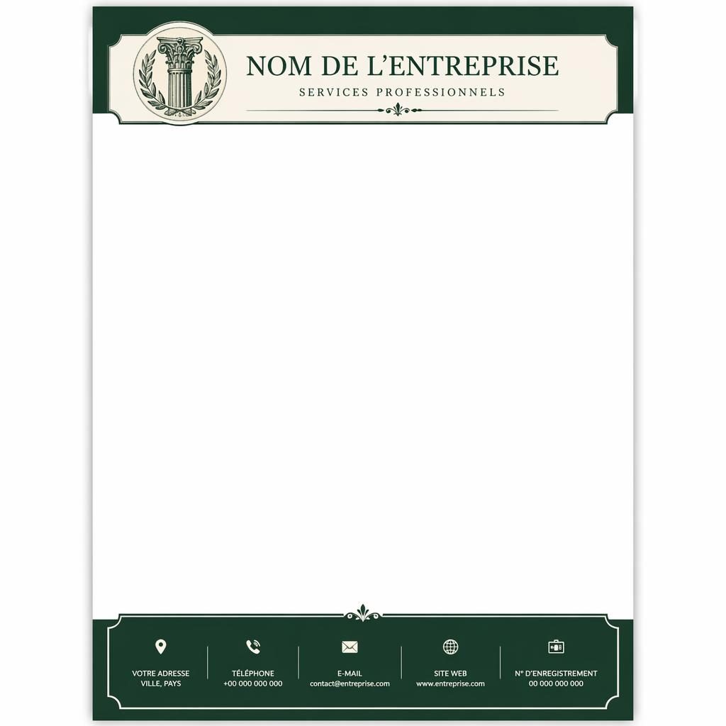 Modèle de papier à en-tête A4 vertical vert forêt, bandeau supérieur avec logo fictif et pied de page coordonné