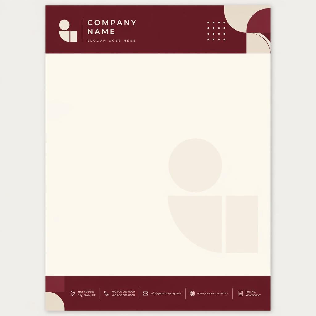 A4 portrait letterhead template with burgundy header, cream body area, footer strip, subtle logo watermark, and placeholders
