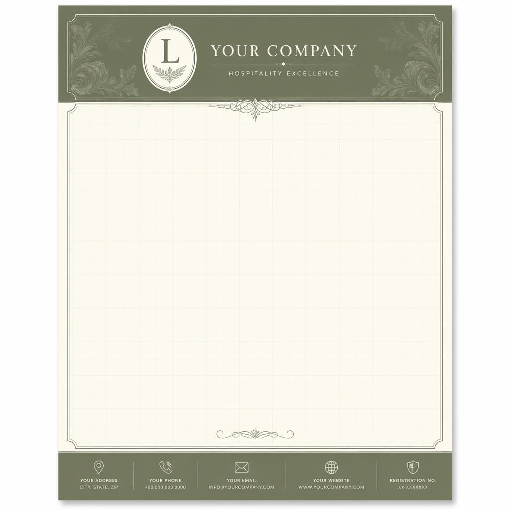 A4 portrait thank you letterhead template with engraved sage and ivory header, footer placeholders, and subtle grid watermark