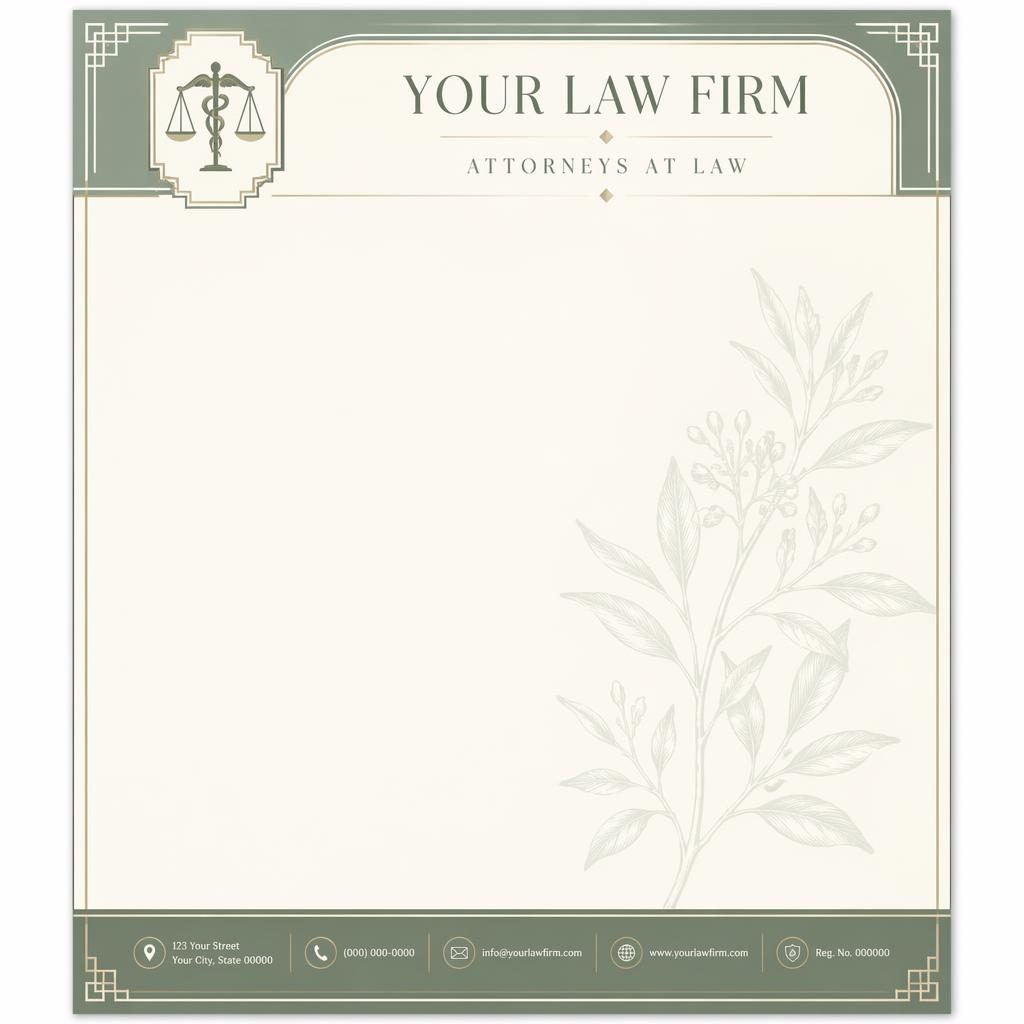 A4 portrait attorney letterhead template with art deco header, sage and ivory palette, botanical watermark, and footer placeholders.