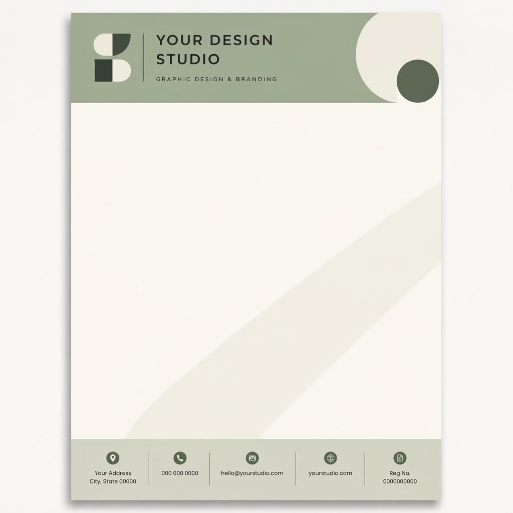 A4 portrait letterhead template with Bauhaus header band, footer strip, soft tinted watermark, and spacious body area.