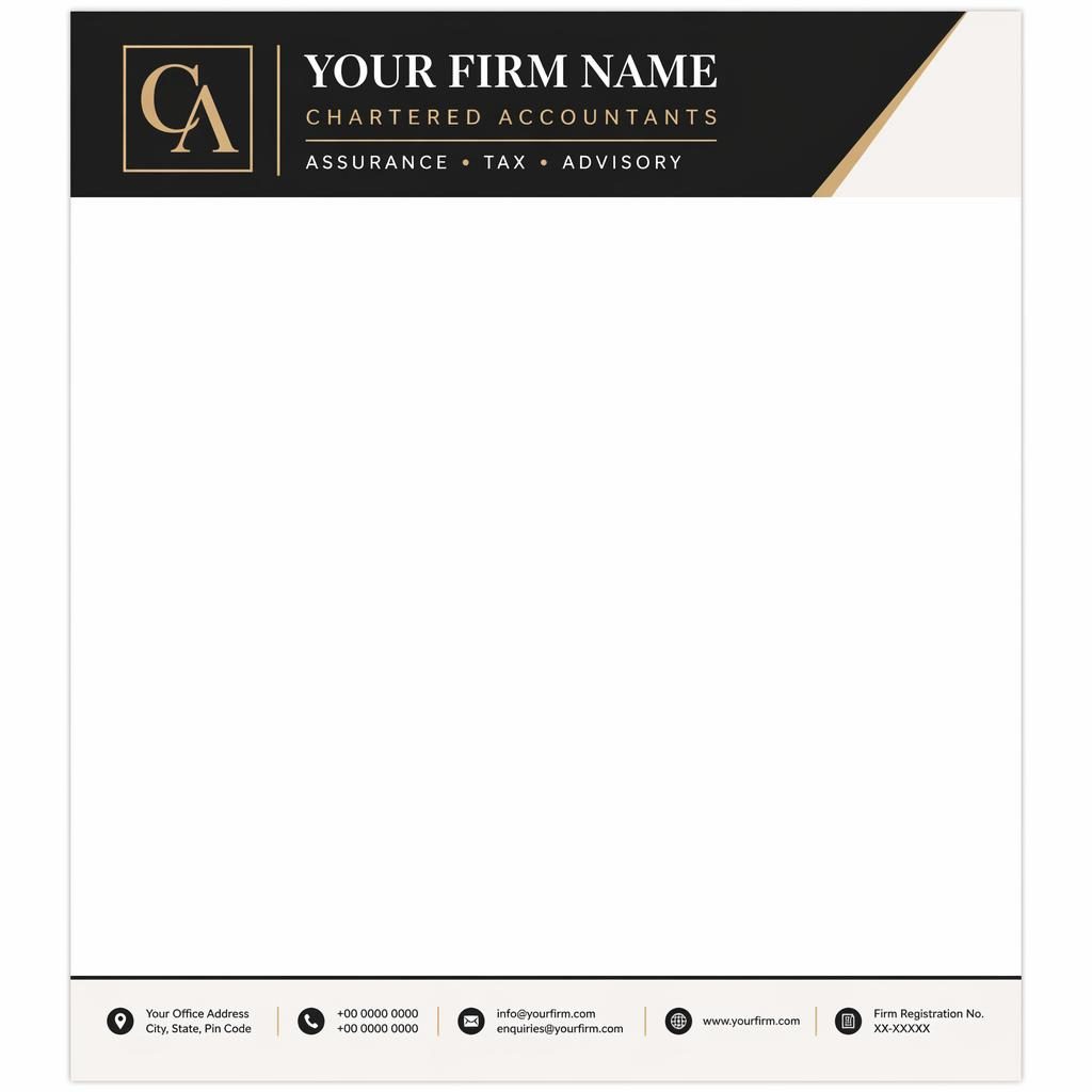 A4 portrait letterhead template with black header band, warm white page, footer contact strip, and clean placeholder branding