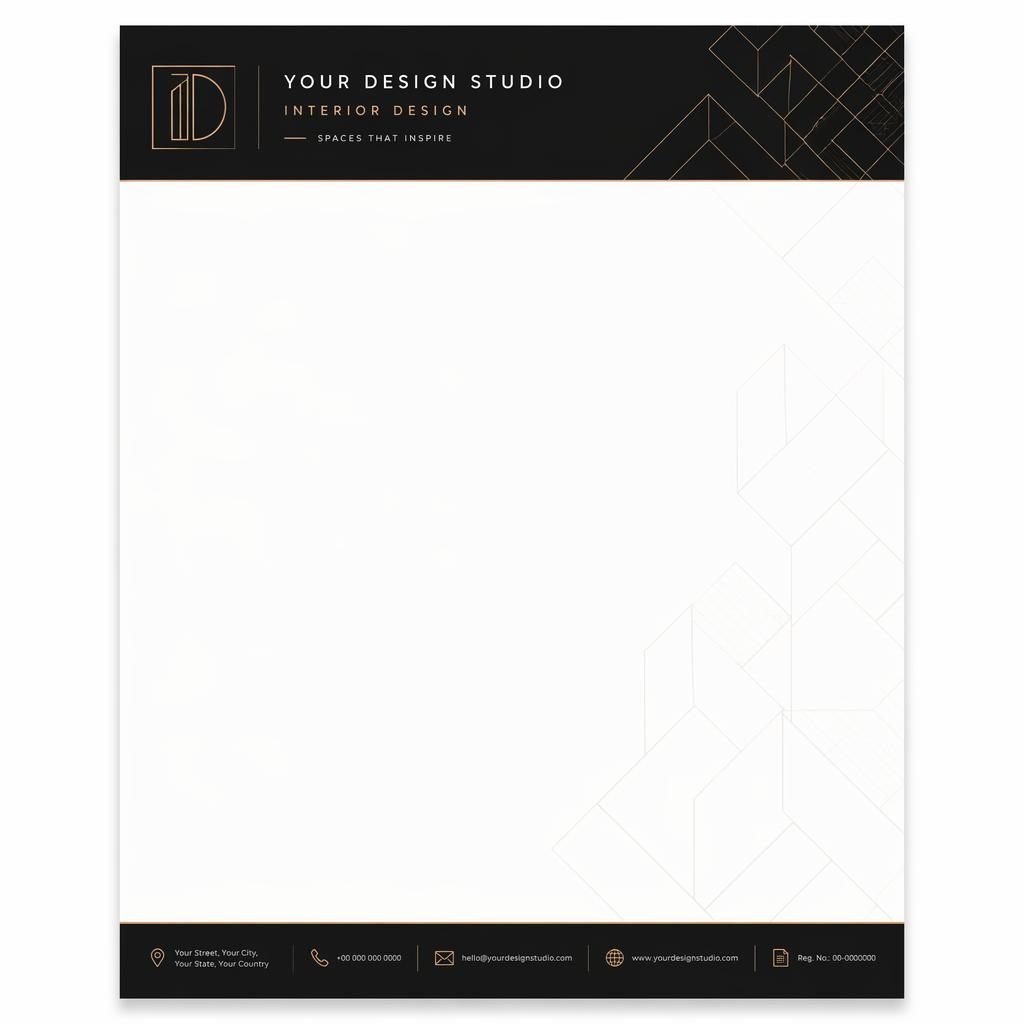 A4 portrait interior designer letterhead with black header band, warm white layout, geometric watermark, and footer placeholders