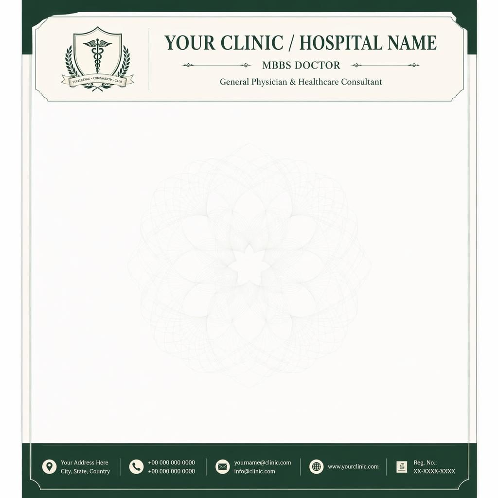 A4 portrait doctor letterhead template with forest green engraved header, footer, logo placeholder, geometric watermark