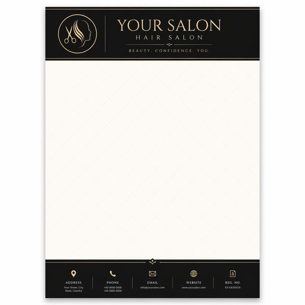 A4 portrait hair salon letterhead with serif header, logo placeholder, footer contact strip, and subtle grid watermark
