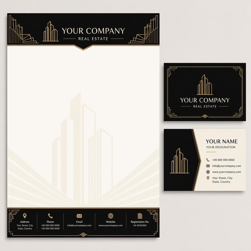 Art deco real estate letterhead and visiting card template in black and warm white with header band, footer strip, and soft watermark